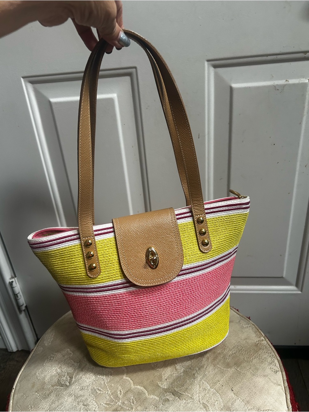Eric Javitz multicolor straw leather Tote shoulder Bag with Tan Handles